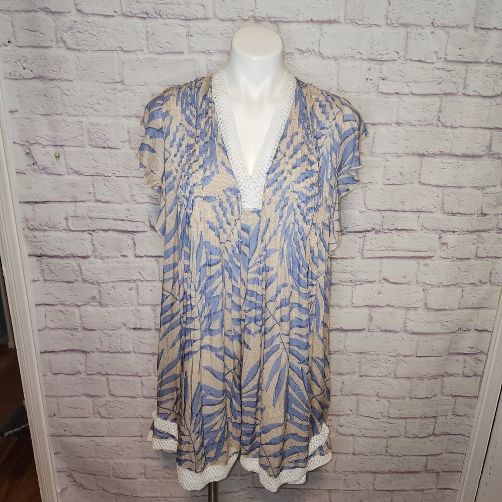 Navy Bleu Womens Eden Dress V Neck Tan Blue Palm Size Large Mini Flutter‎ Sleeve